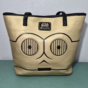 Loungefly Star Wars C-3PO R2-D2 Faux Leather Tote Bag Gold Blue
